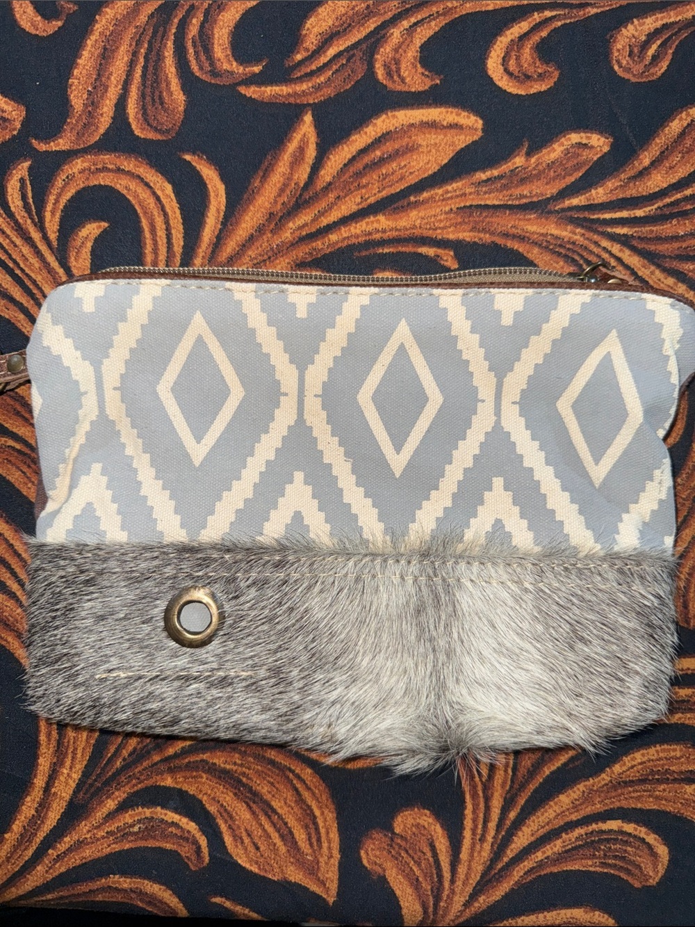 Myra Bag Gray & Cream Geometric Fur-Trim Wristlet